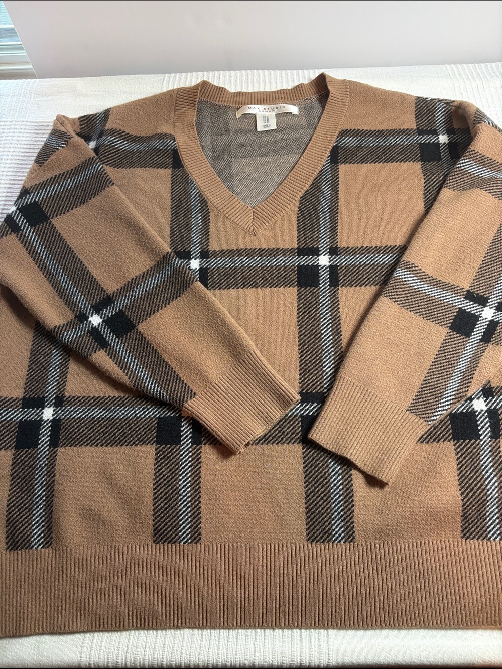 Max Studio Camel Plaid V-Neck Sweater with Black & White Trim